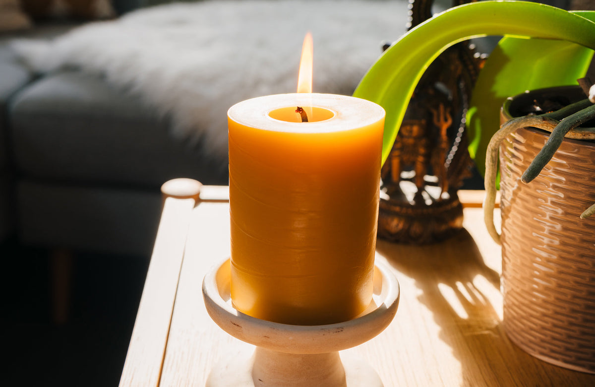 3x4 beeswax pillar lit on a tray on a table next to a plant