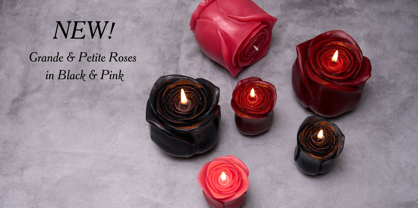 Beeswax red, pink & black Grande and Petite sculpted rose candles