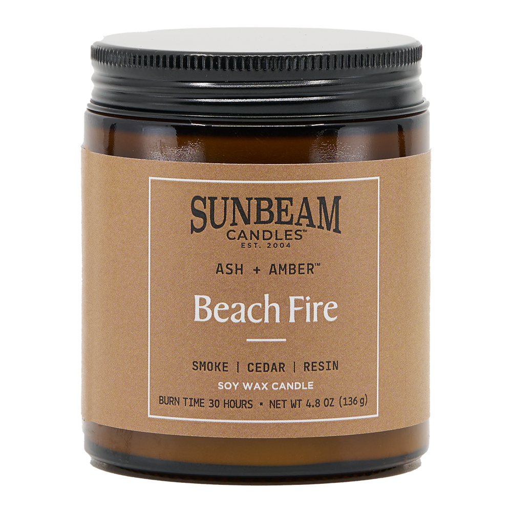 Sunbeam Candles Beach Fire candle with brown label on white background