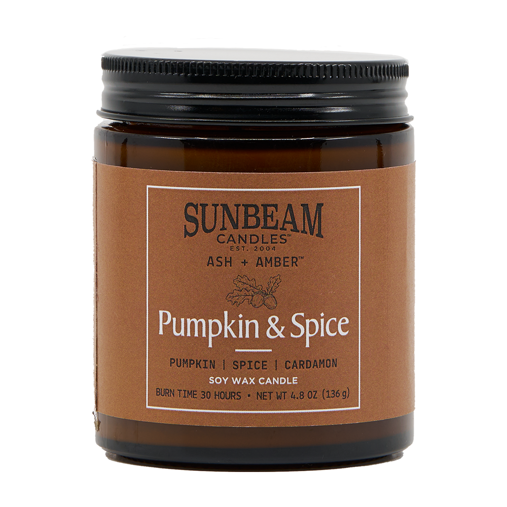 Sunbeam Candles pumpkin spice candle with brown label on white background