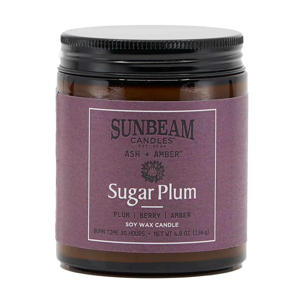 Sunbeam Candles Sugar Plum candle jar on a white background
