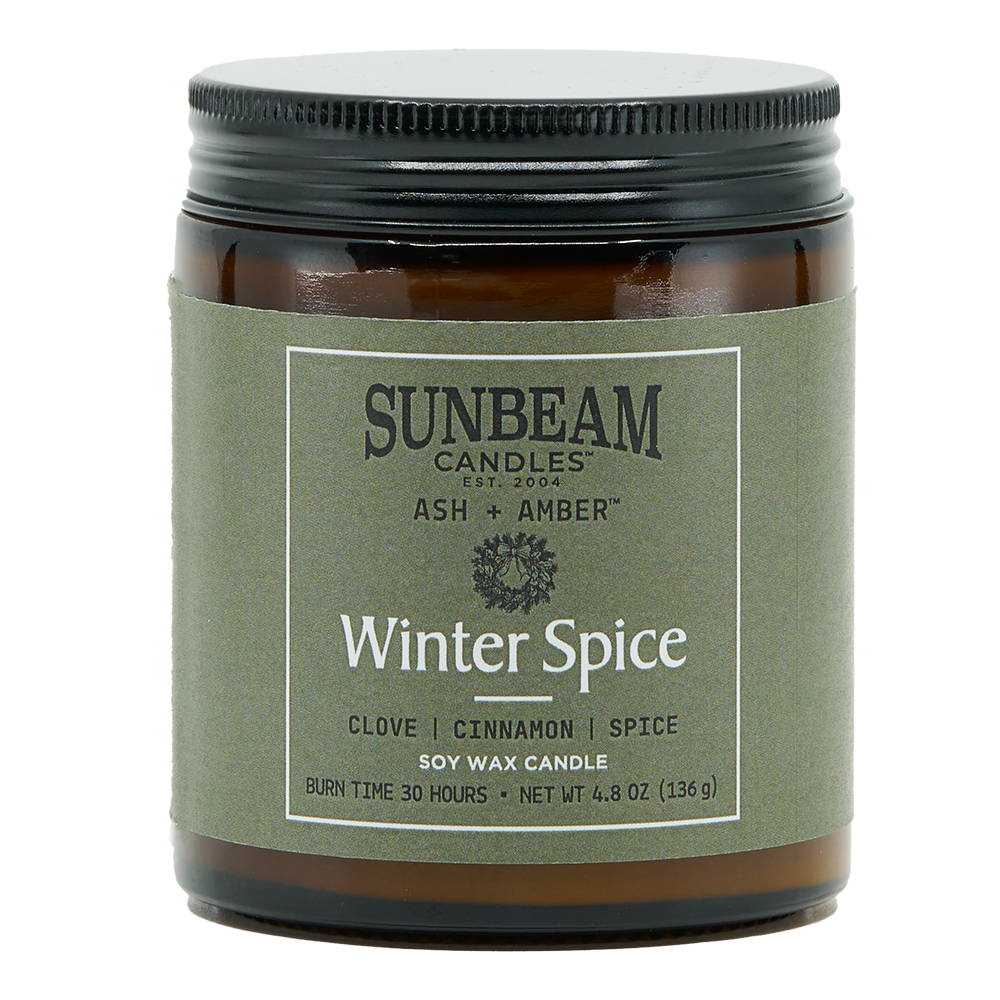 Sunbeam Candles Winter Spice candle with green label on white background