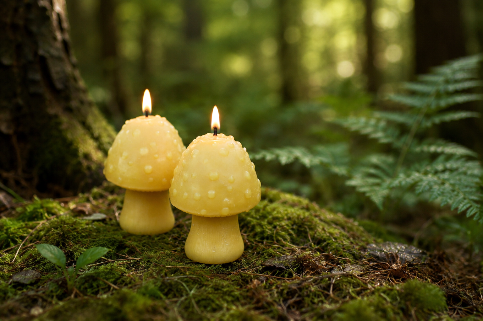 Two lit yellow mushroom-shaped candles placed on mossy forest ground with ferns and tree trunks in the background.