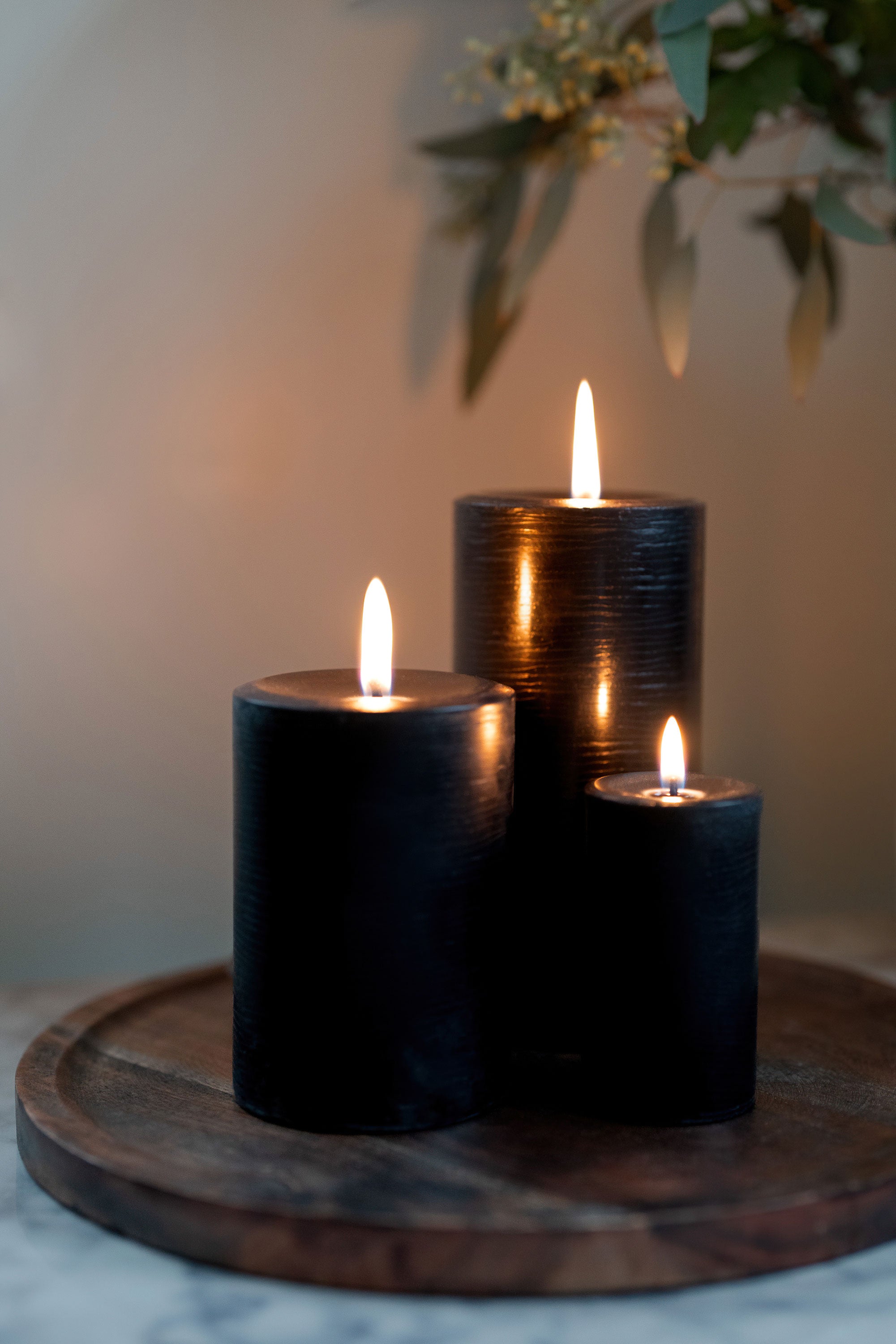 Three Sunbeam Candles Smooth Midnight Black Beeswax Pillars lit on a wood tray with a plant next to them.