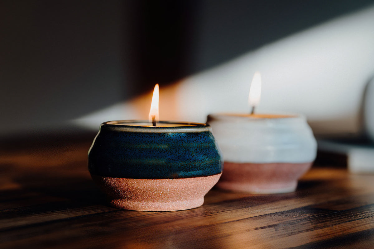 Blue & White Glazed Beeswax Ceramic Candles