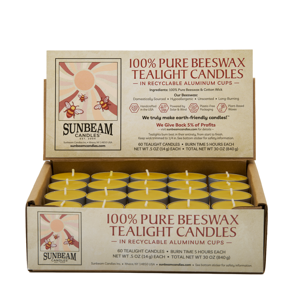 Sunbeam Candles 100% pure beeswax tealight candles in a 60-ct bulk case with cardboard packaging on a white background