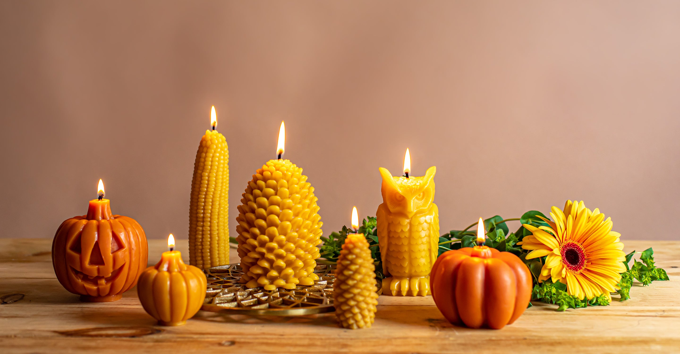 A styled arrangement of seasonal candles on a wooden surface against a warm beige background. The candle collection includes yellow corn cob and owl-shaped beeswax candles, a pinecone-shaped candle, a carved jack-o'-lantern candle, a small pumpkin candle, and a yellow gerbera daisy flower candle with green leaves.