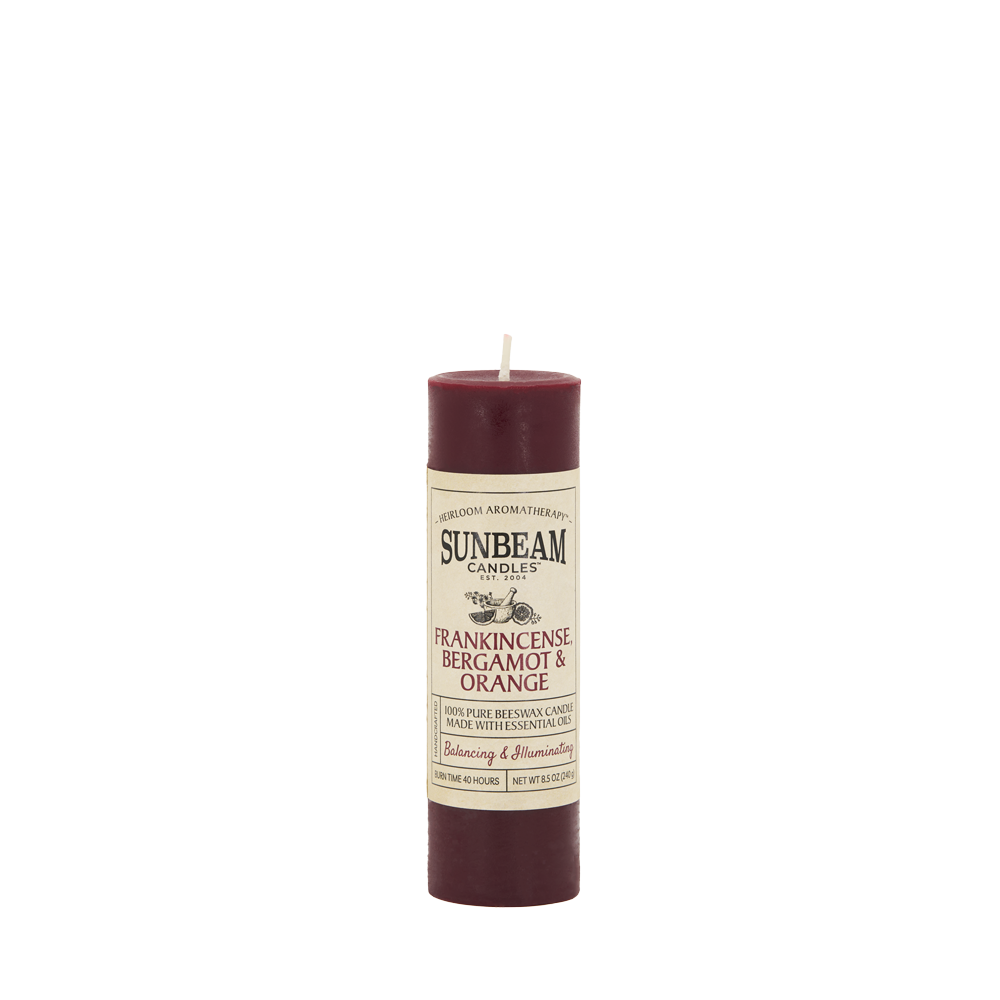 Sunbeam Candles pure burgundy Beeswax Frankincense Bergamot & Orange 2"x6.25" pillar candle on a white background