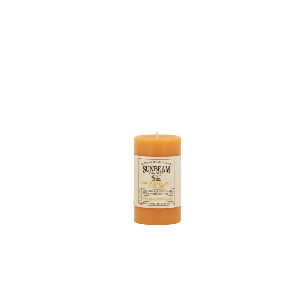 Sunbeam Candles Pure Beeswax saffron Lemongrass, Sage & Ginger 2"x3.25" pillar candle with white background