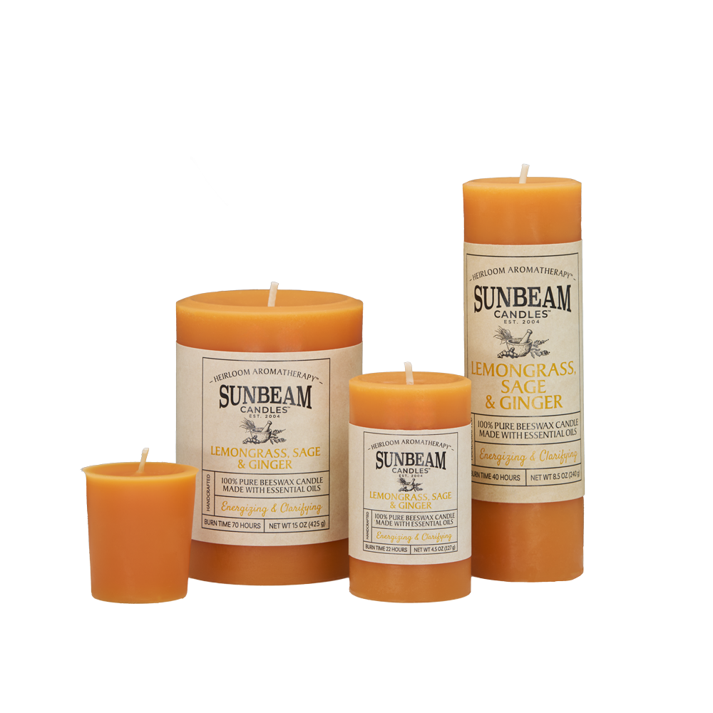 Sunbeam Candles Pure Beeswax saffron Lemongrass, Sage & Ginger pillar and votive candles with white background