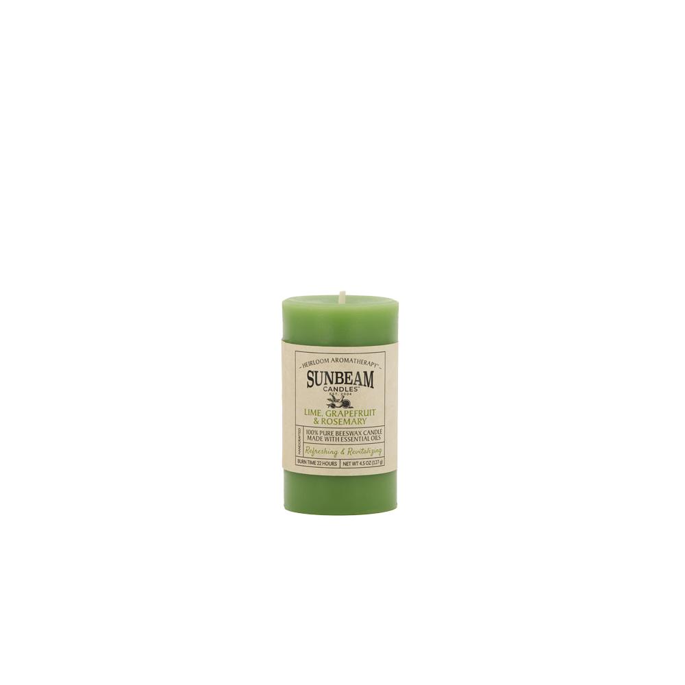 Sunbeam Candles Pure Beeswax Sage Green - Lime, Grapefruit & Rosemary 2"x3.25" pillar candle with white background