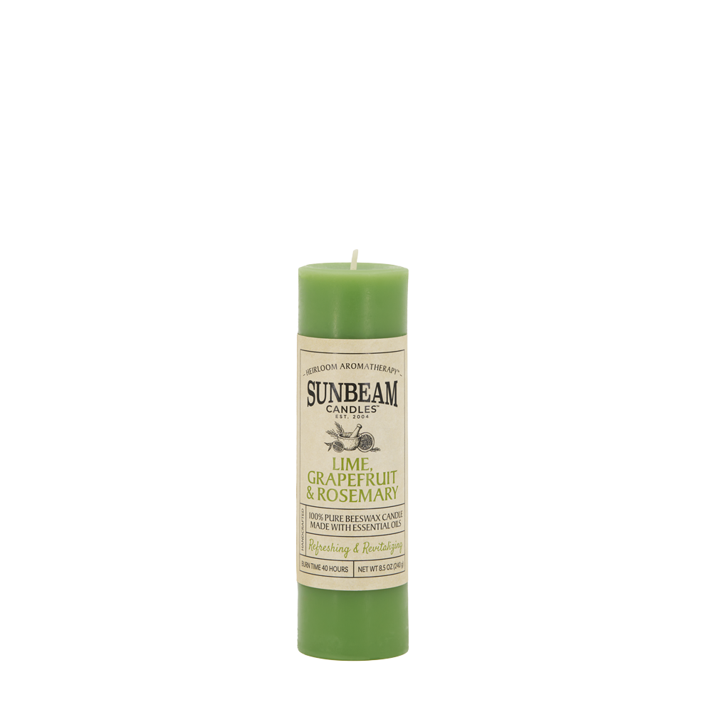 Sunbeam Candles Pure Beeswax Sage Green - Lime, Grapefruit & Rosemary 2"x6.25" pillar candle with white background