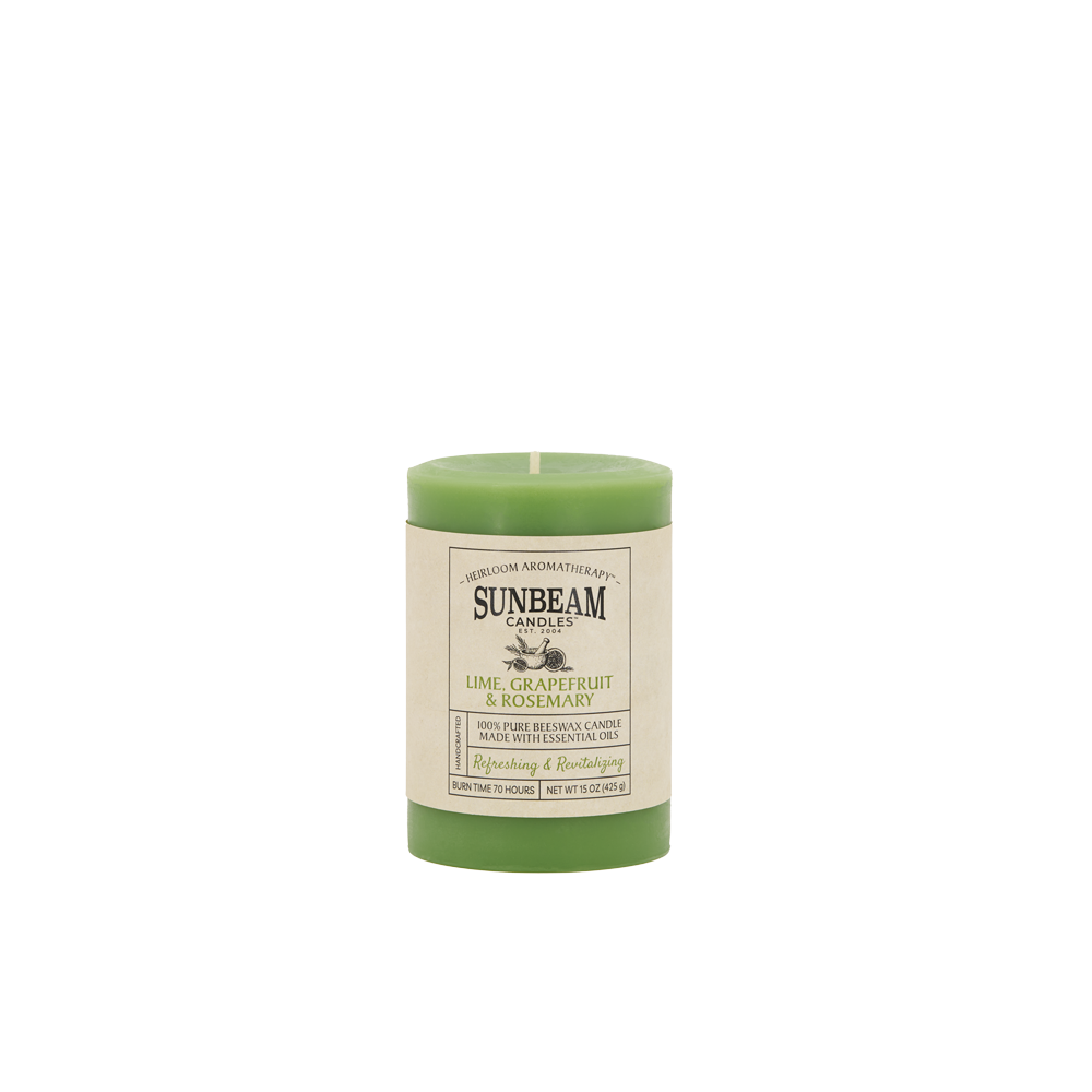 Sunbeam Candles Pure Beeswax Sage Green - Lime, Grapefruit & Rosemary 3"x4.25" pillar candle with white background