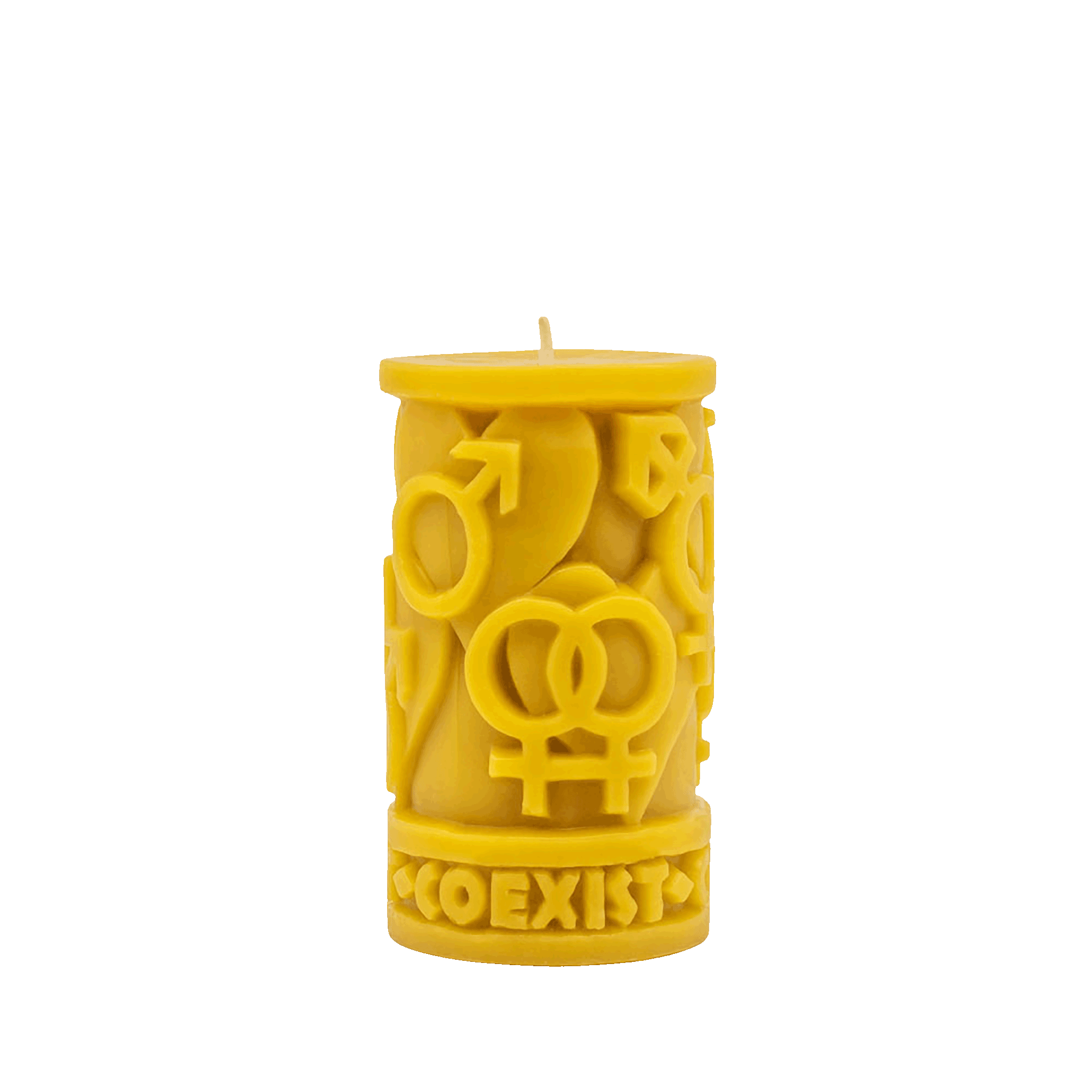 Natural-gold-yellow-Handcrafted-non-toxic-Unscented-100%-Beeswax-Candle-emergency-highest-rated-long-burning-carved-sculpted-coexist-in-love-lgbtq+-gender-equality-lesbian-trans-gay-unique-trending-home-gifts-bisexual-nonbinary-queer-homosexual