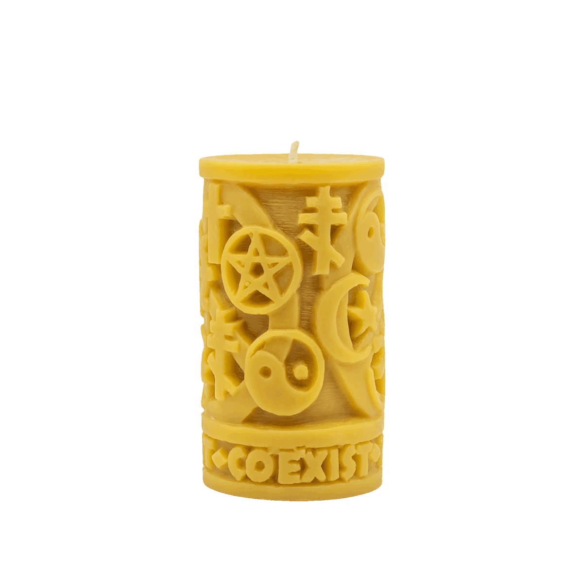 Natural-gold-yellow-Handcrafted-non-toxic-Unscented-100%-Beeswax-Candle-emergency-highest-rated-long-burning-carved-sculpted-coexist-in-peace-religious-symbols--unique-trending-home-gifts-judaism-christianity-isalam-buddhism-taoism-hinduism