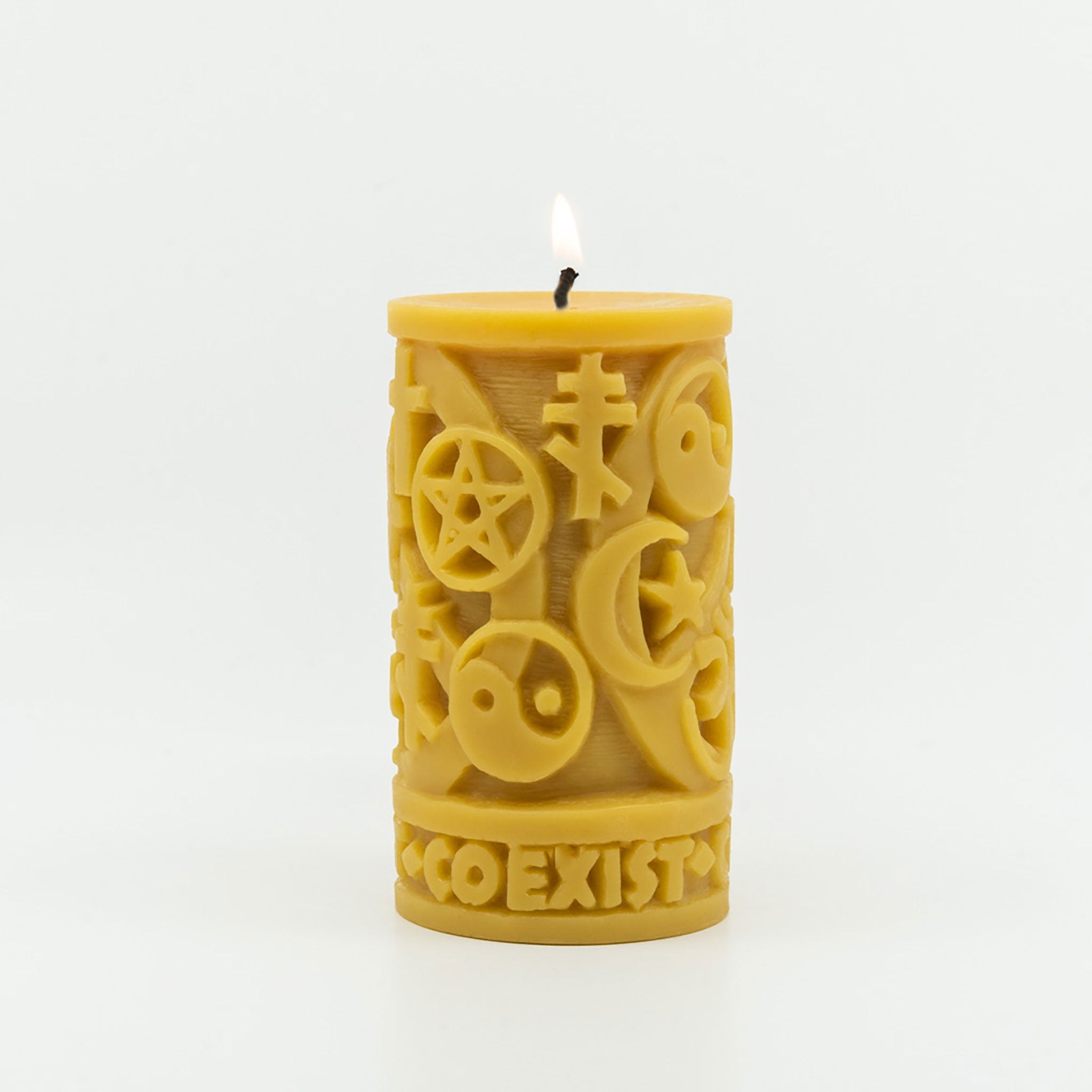Natural-gold-yellow-Handcrafted-non-toxic-Unscented-100%-Beeswax-Candle-emergency-highest-rated-long-burning-carved-sculpted-coexist-in-peace-religious-symbols--unique-trending-home-gifts-judaism-christianity-isalam-buddhism-taoism-hinduism