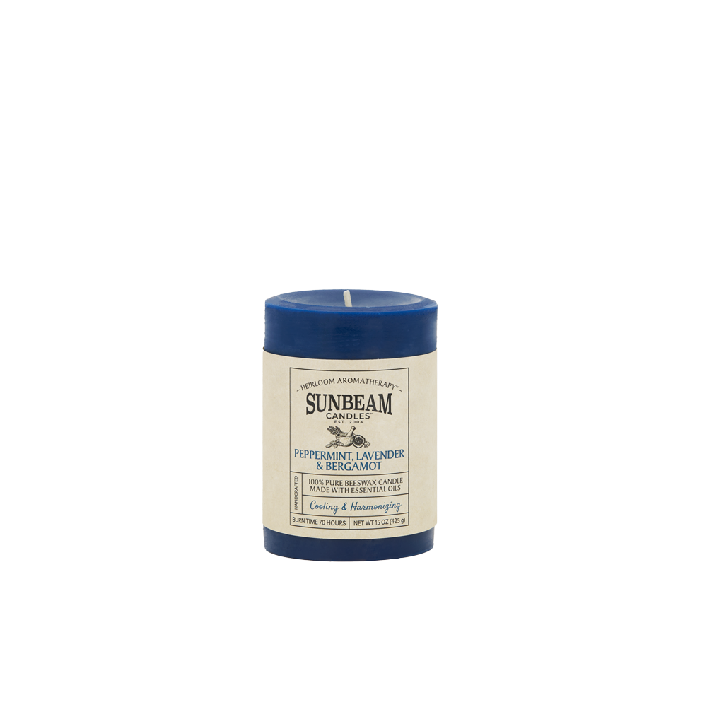 Sunbeam Candles Peppermint, blue Lavender & Bergamot 3"x4.25" pillar candle on a white background