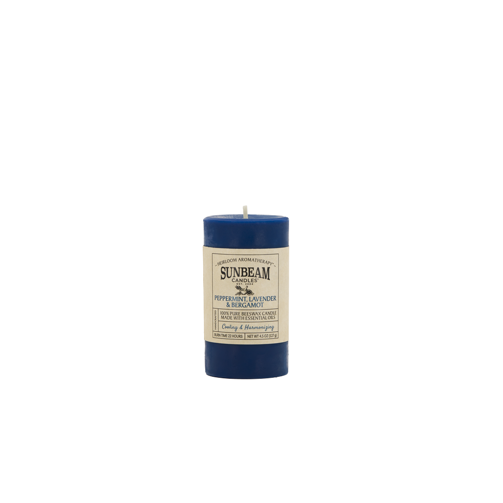 Sunbeam Candles Pure Beeswax blue Peppermint, Lavender & Bergamot 2"x3.25" pillar candle on a white background