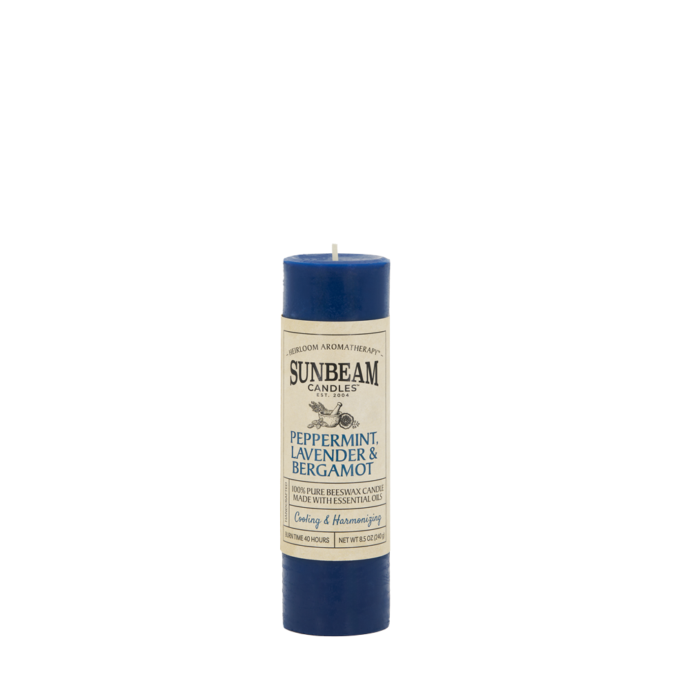 Sunbeam Candles Pure Beeswax blue Peppermint, Lavender & Bergamot 2"x6.25" pillar candle on a white background