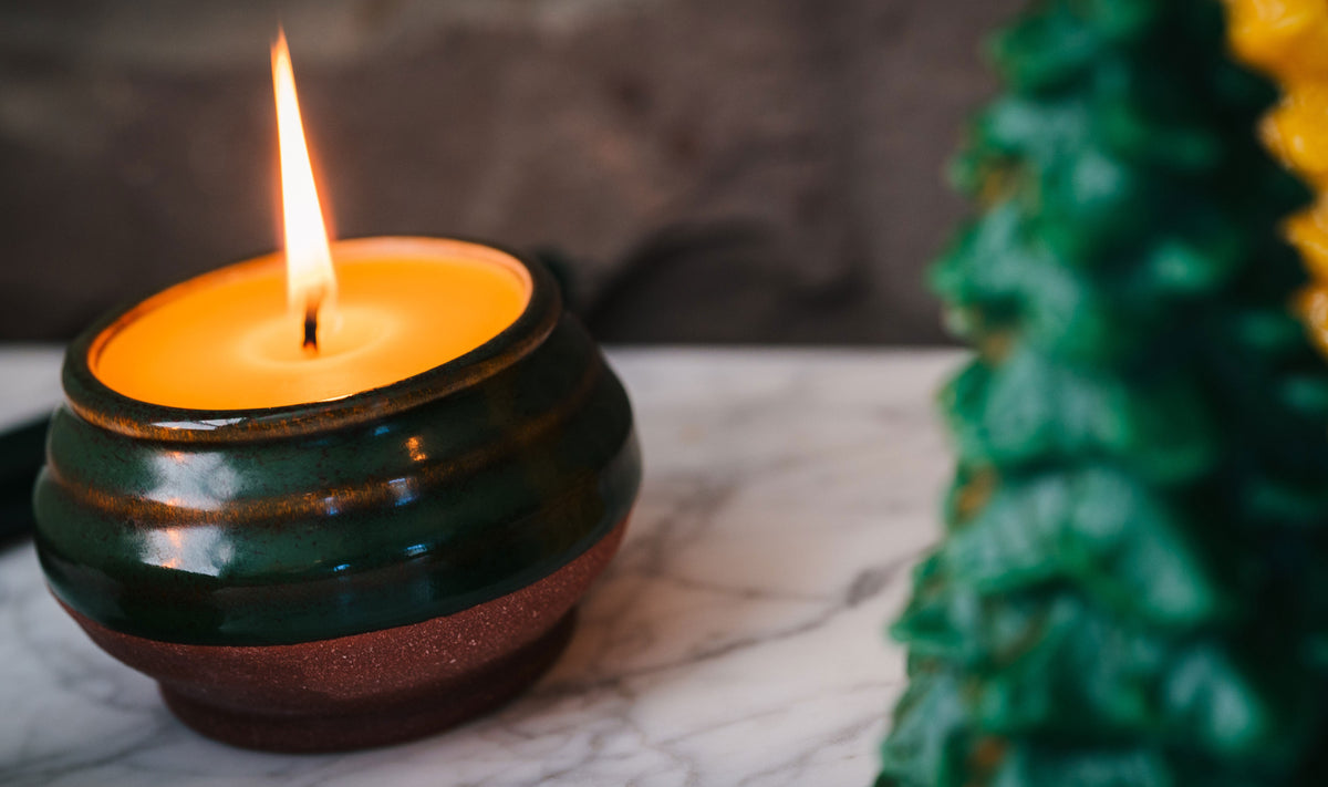Pine Needles Green Glazed ceramic candle with Evergreen Tree candle