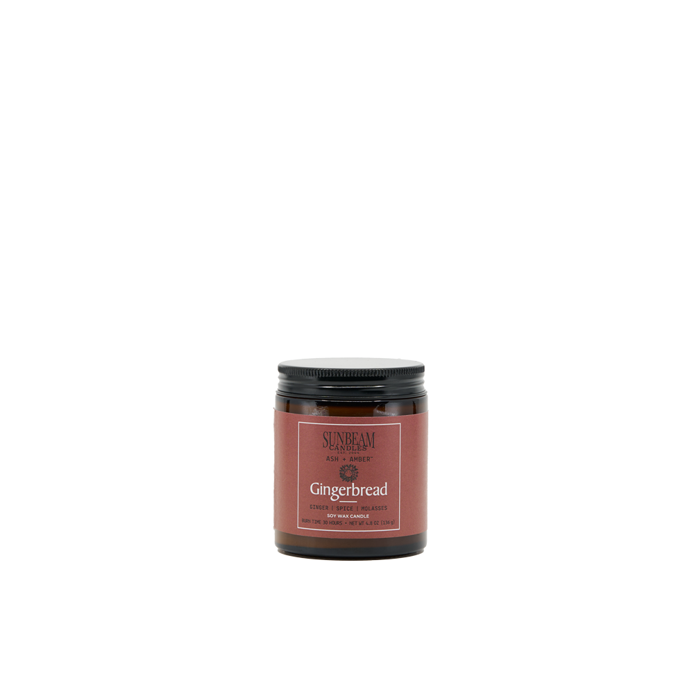 Sunbeam Candles Ash + Amber Gingerbread Soy Wax jar candle on a white background