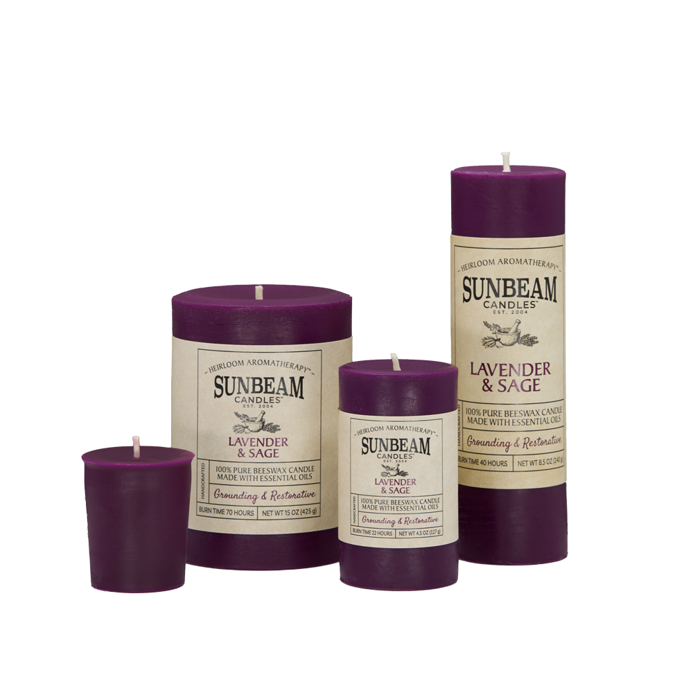 Sunbeam Candles purple Pure Beeswax Lavender & Sage pillar candles on a white background