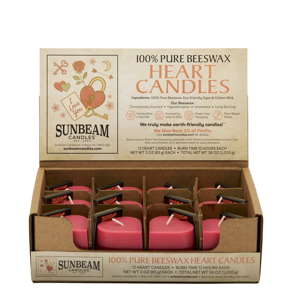 12-ct case of Sunbeam Candles 100% Pure Beeswax Small Pink Heart Candles on a white background.