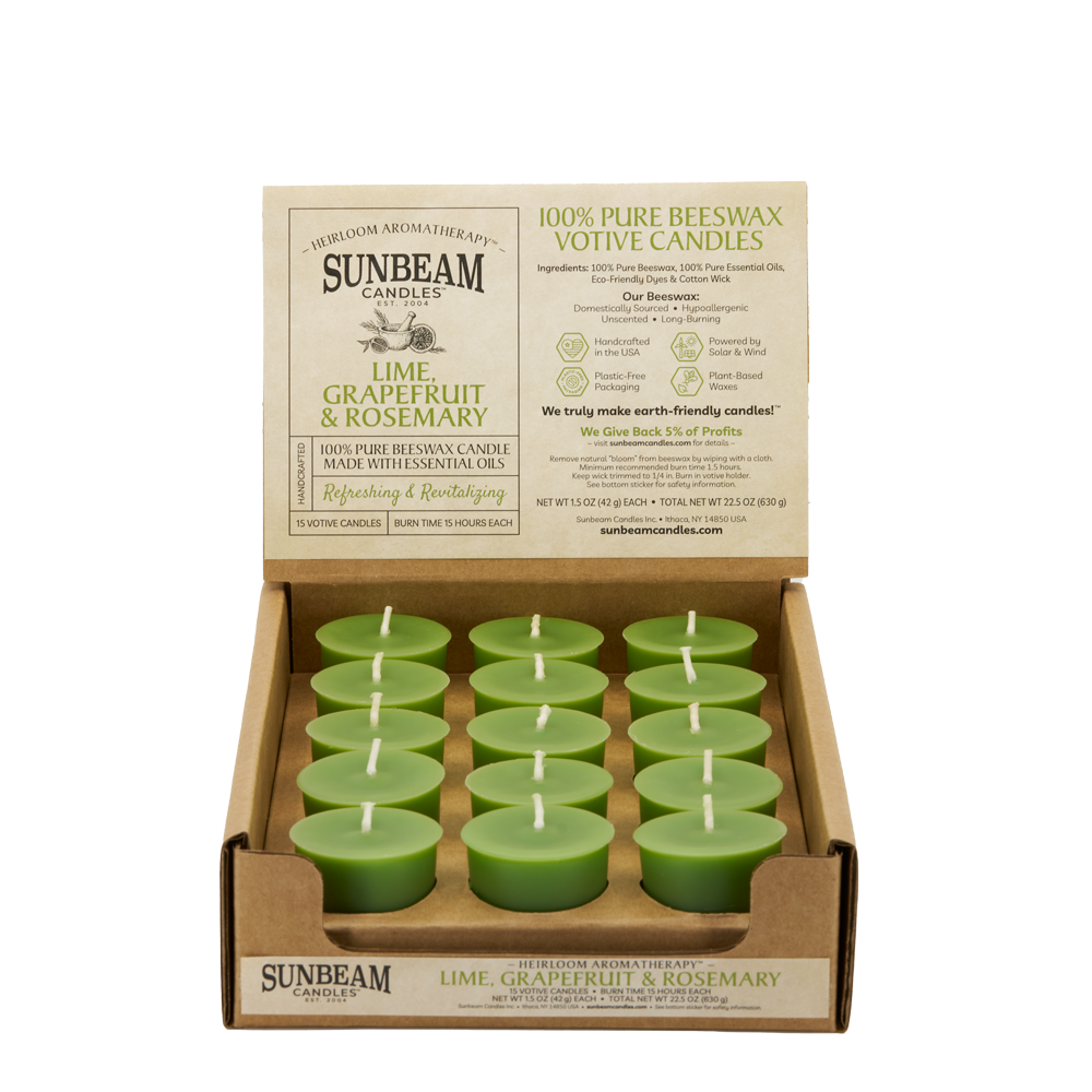 Sunbeam Candles Pure Beeswax Sage Green - Lime, Grapefruit & Rosemary votive candles in a 15-ct case with white background