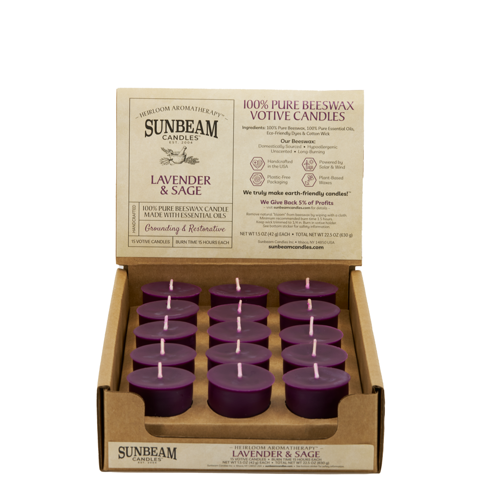 Sunbeam Candles Lavender & Sage candles in a 15-ct cardboard display case box on a white background