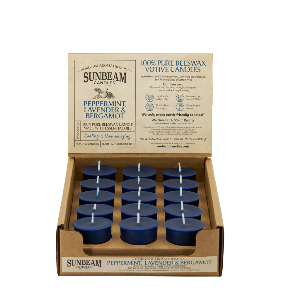 Sunbeam Candles Pure Beeswax blue Peppermint, Lavender & Bergamot pure beeswax votive candles in a 15-ct case on a white background