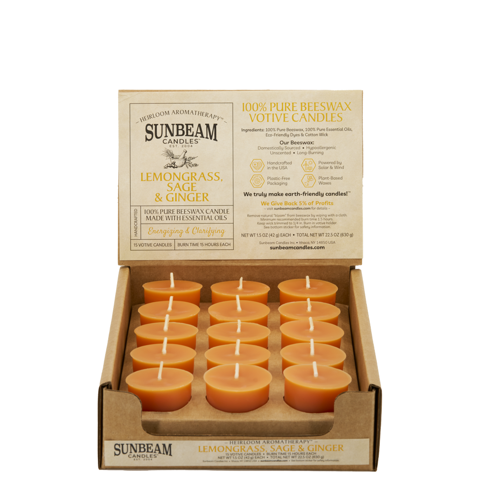 Sunbeam Candles Pure Beeswax saffron Lemongrass, Sage & Ginger votive candles in a 15-ct case with white background