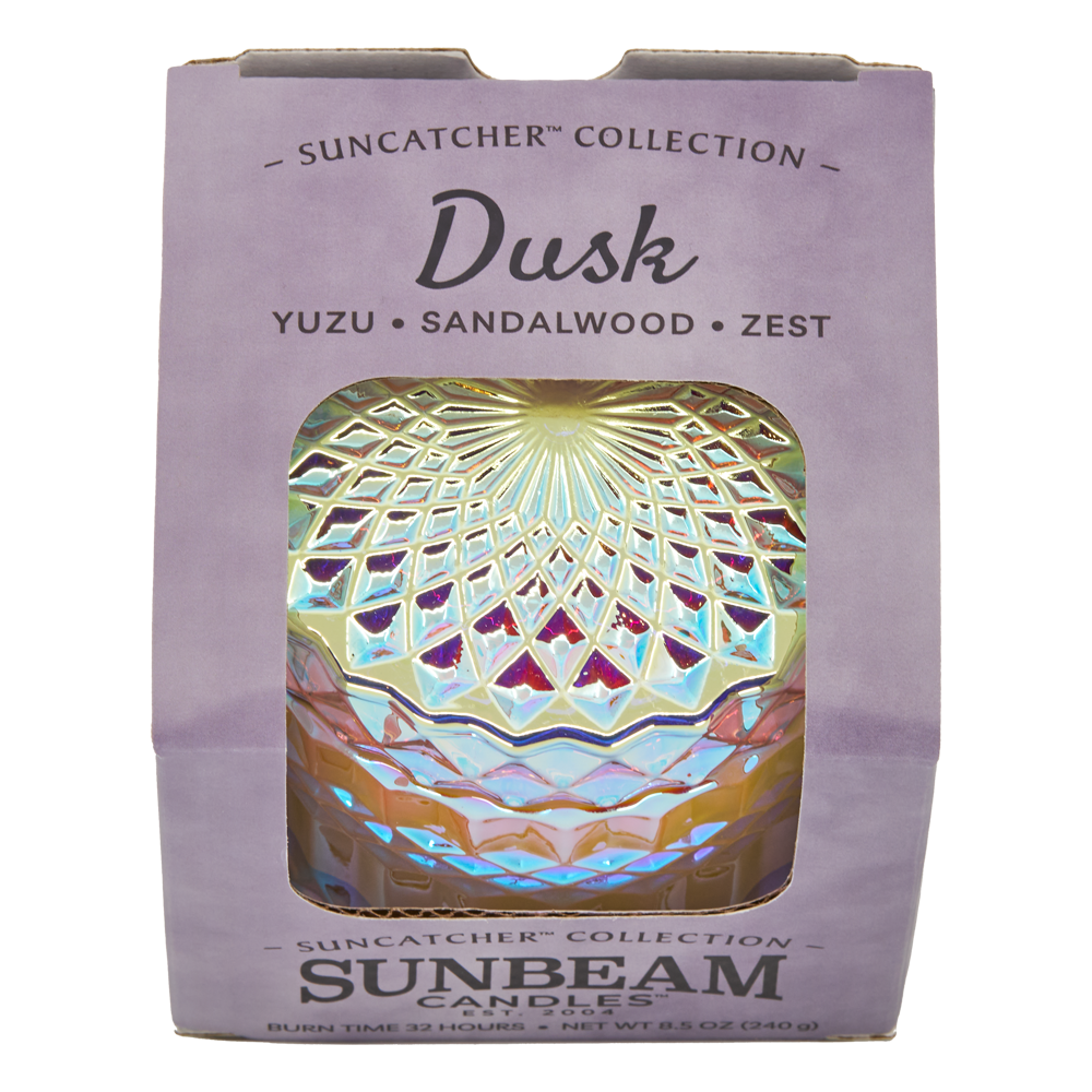 Sunbeam candle packaging with a suncatcher design and 'Dusk' description on a white background