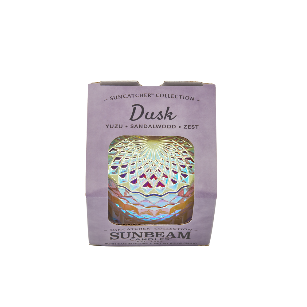 Sunbeam Candles SunCatcher Dusk scent apricot, coconut & soy wax iridescent container candle in box with white background