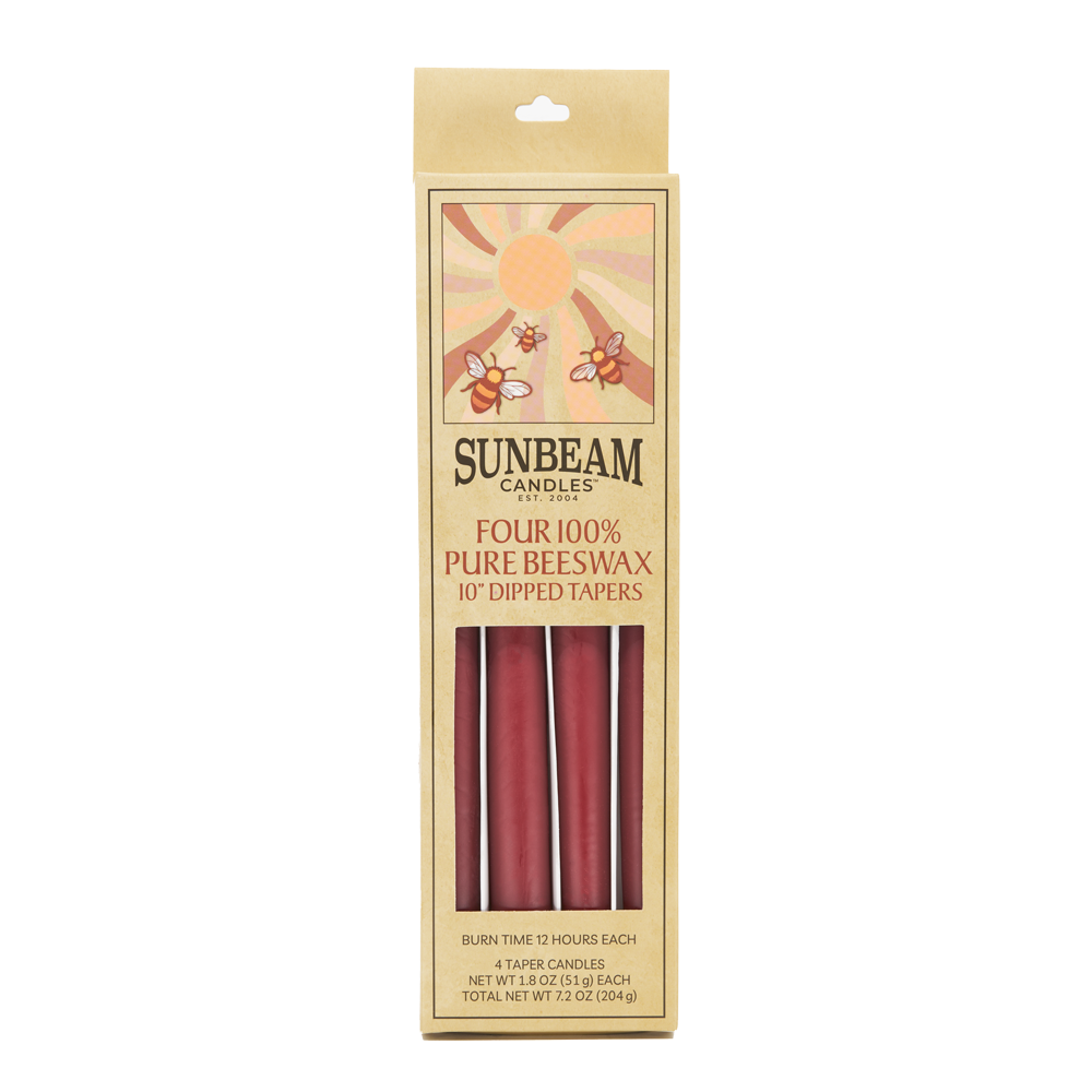2-pair box of Sunbeam Candles 10" Dipped Beeswax Crimson Tapers on a white background