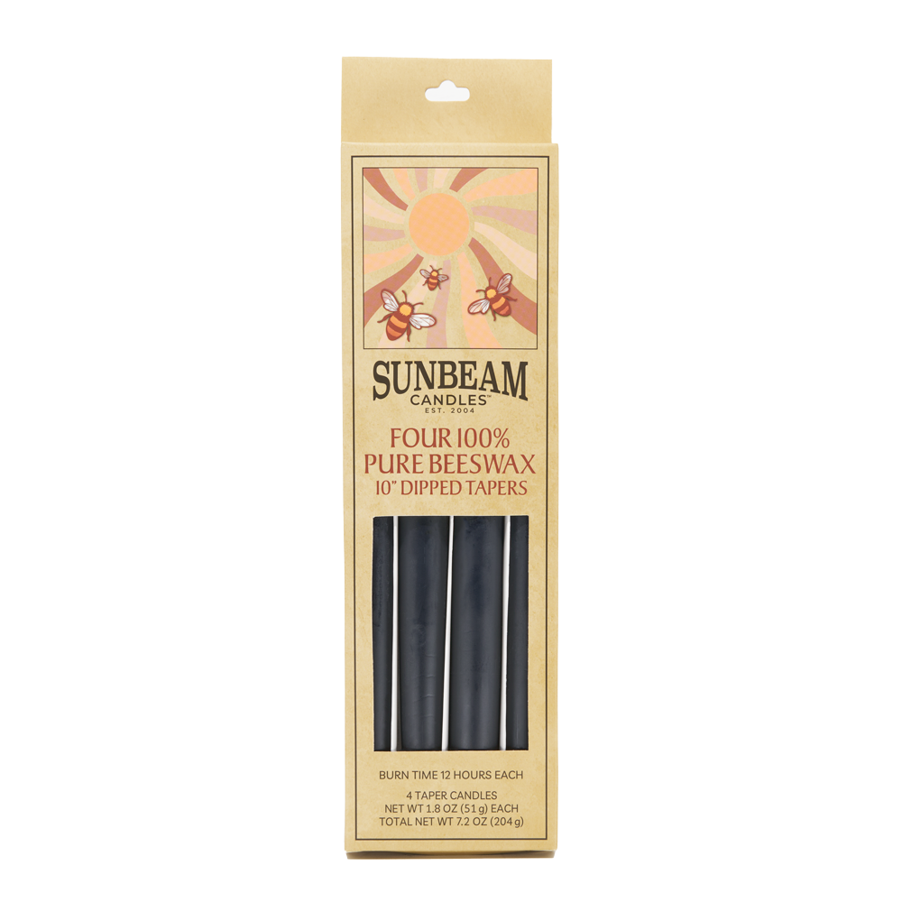 2-pair box of Sunbeam Candles 10" Dipped Beeswax Midnight Black Tapers on a white background