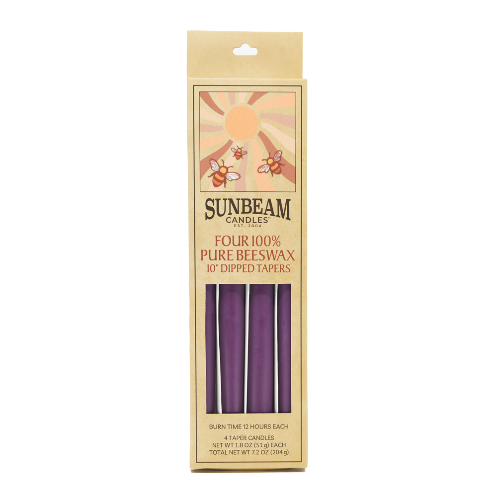 2-pair box of Sunbeam Candles 10" Dipped Beeswax Plum Tapers on a white background