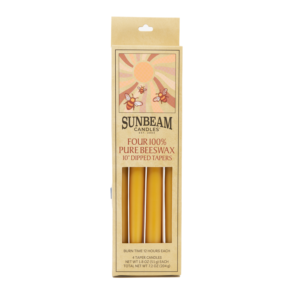 2-pair box of Sunbeam Candles 10" Dipped Beeswax Natural Tapers on a white background
