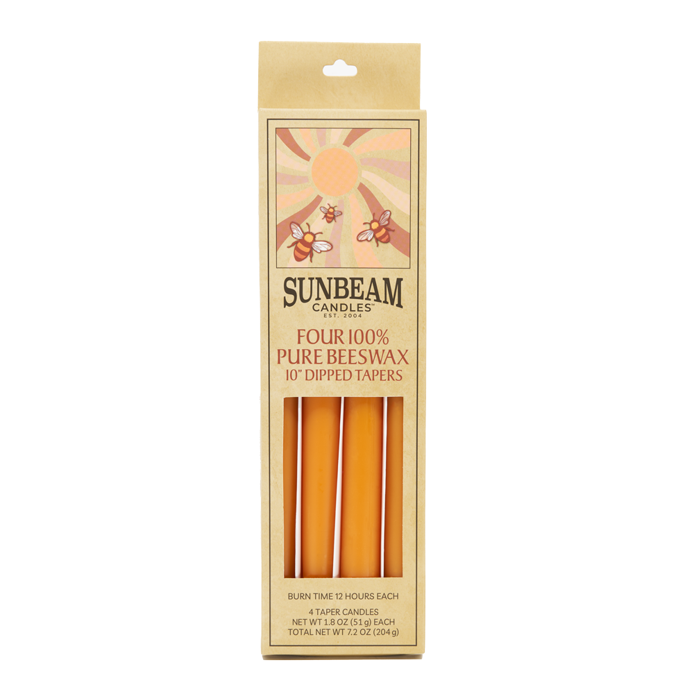 2-pair box of Sunbeam Candles 10" Dipped Beeswax Apricot Tapers on a white background