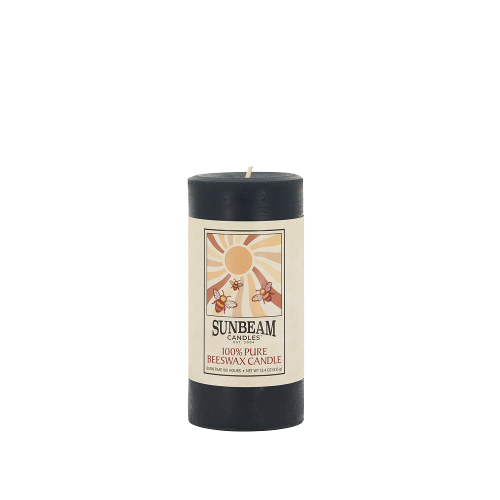 Sunbeam Candles Smooth Black Beeswax 3"x6.25" Pillar with a white background.