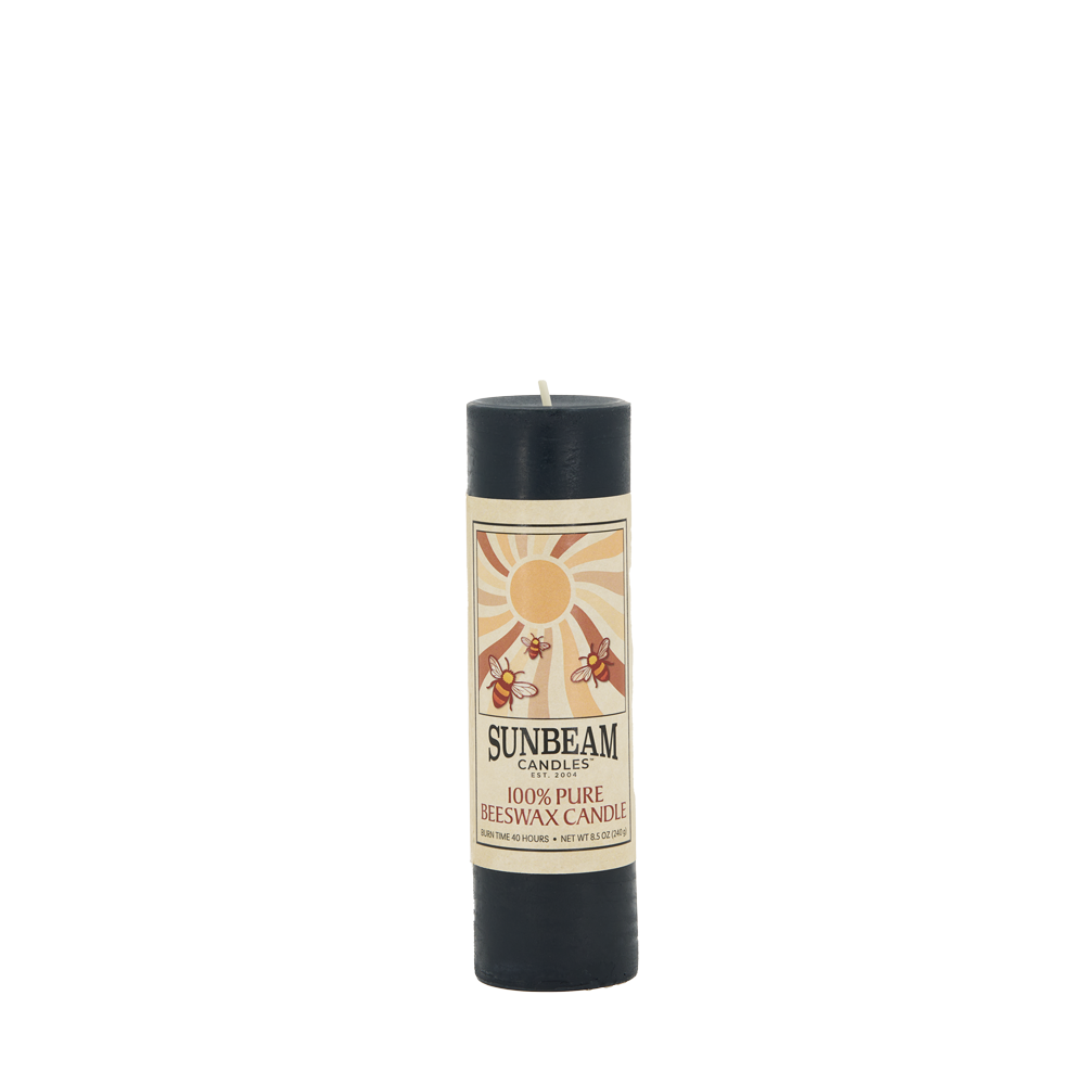 Sunbeam Candles Smooth Black Beeswax 2"x6.25" Pillar with a white background.