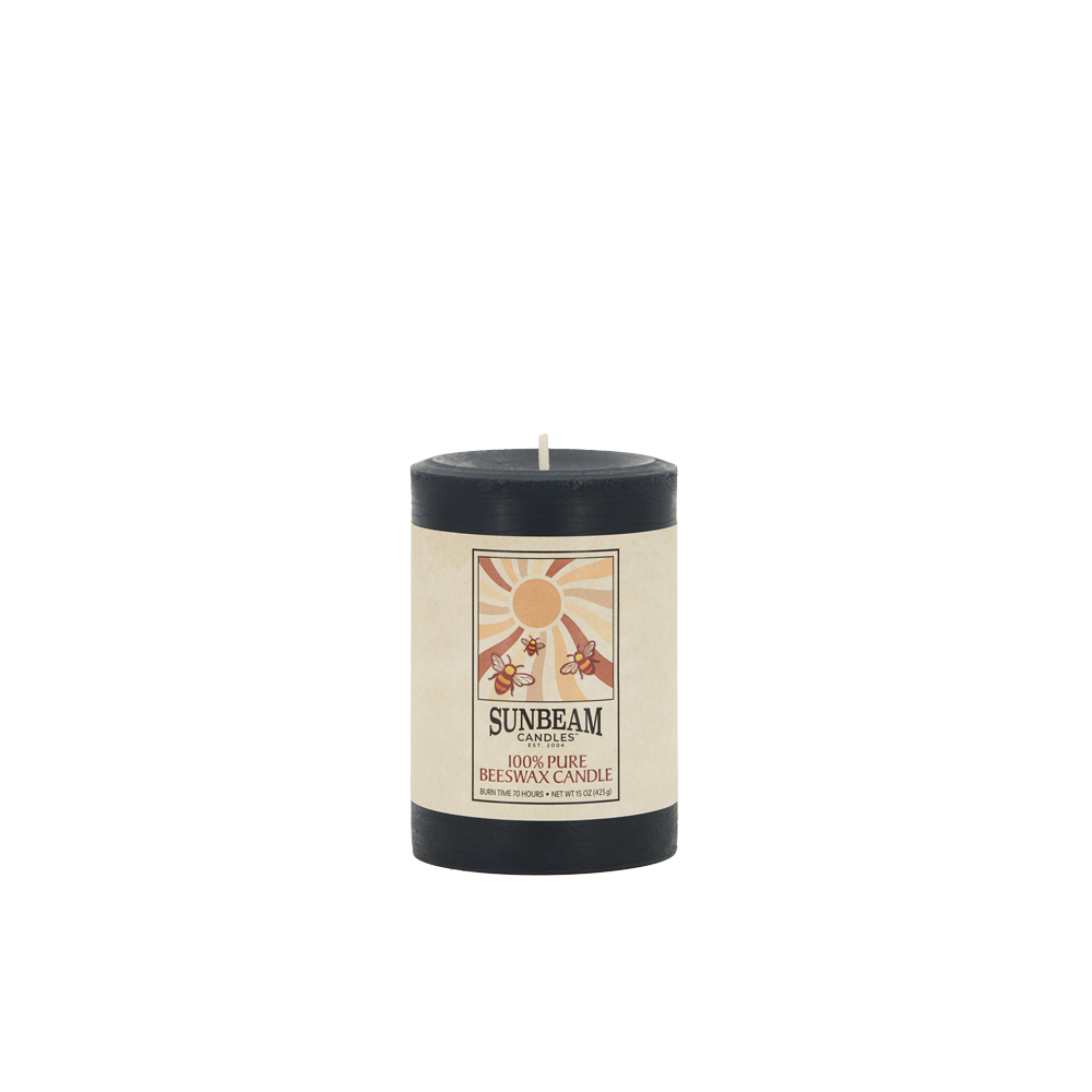 Sunbeam Candles Smooth Black Beeswax 3"x4.25" Pillar with a white background.