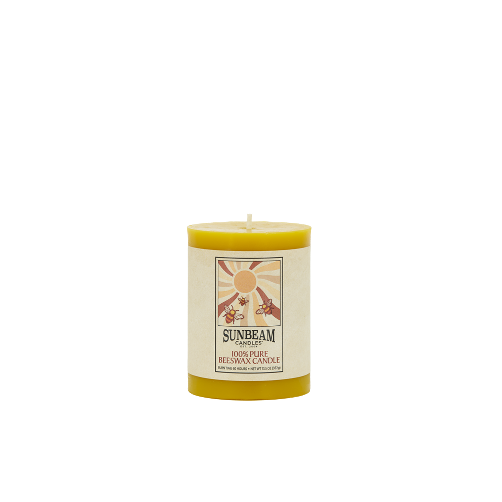 Sunbeam Candles Smooth Beeswax 3"x4" Pillar with a white background.