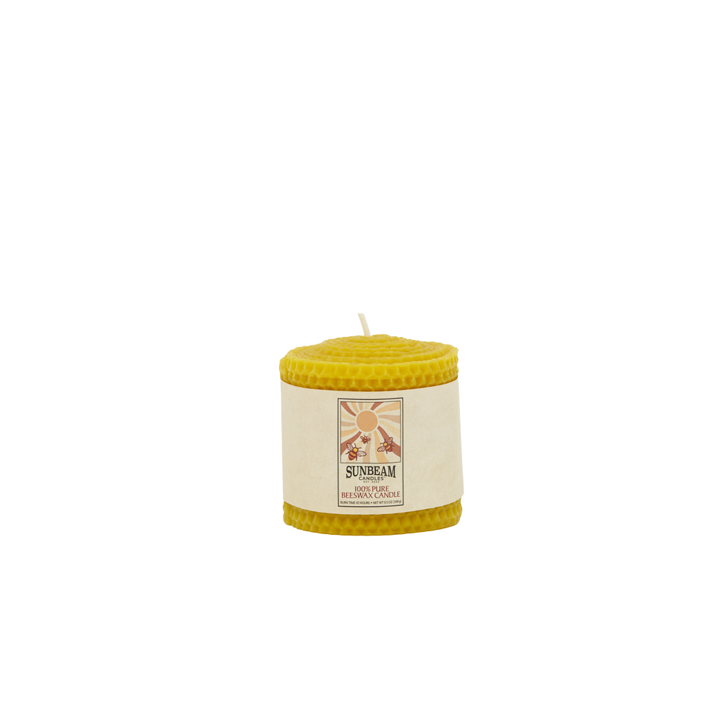 Sunbeam Candles Beeswax Natural Gold Honeycomb 3"x3" Pillar with a white background.
