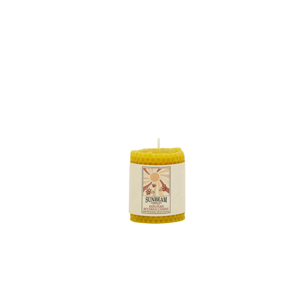 Sunbeam Candles Beeswax Honeycomb 2"x3" Natural Gold Pillar with a white background.
