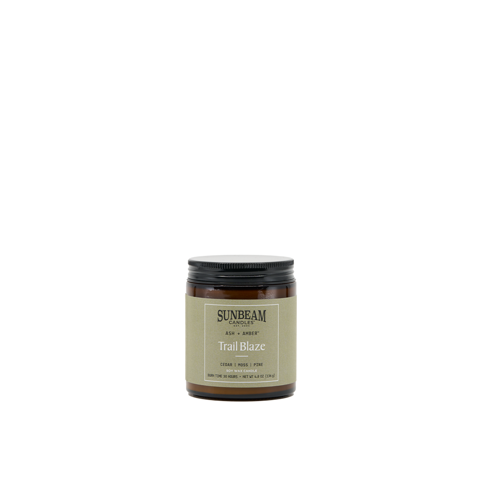 Sunbeam Candles Ash + Amber Trail Blaze Soy Wax jar candle on a white background