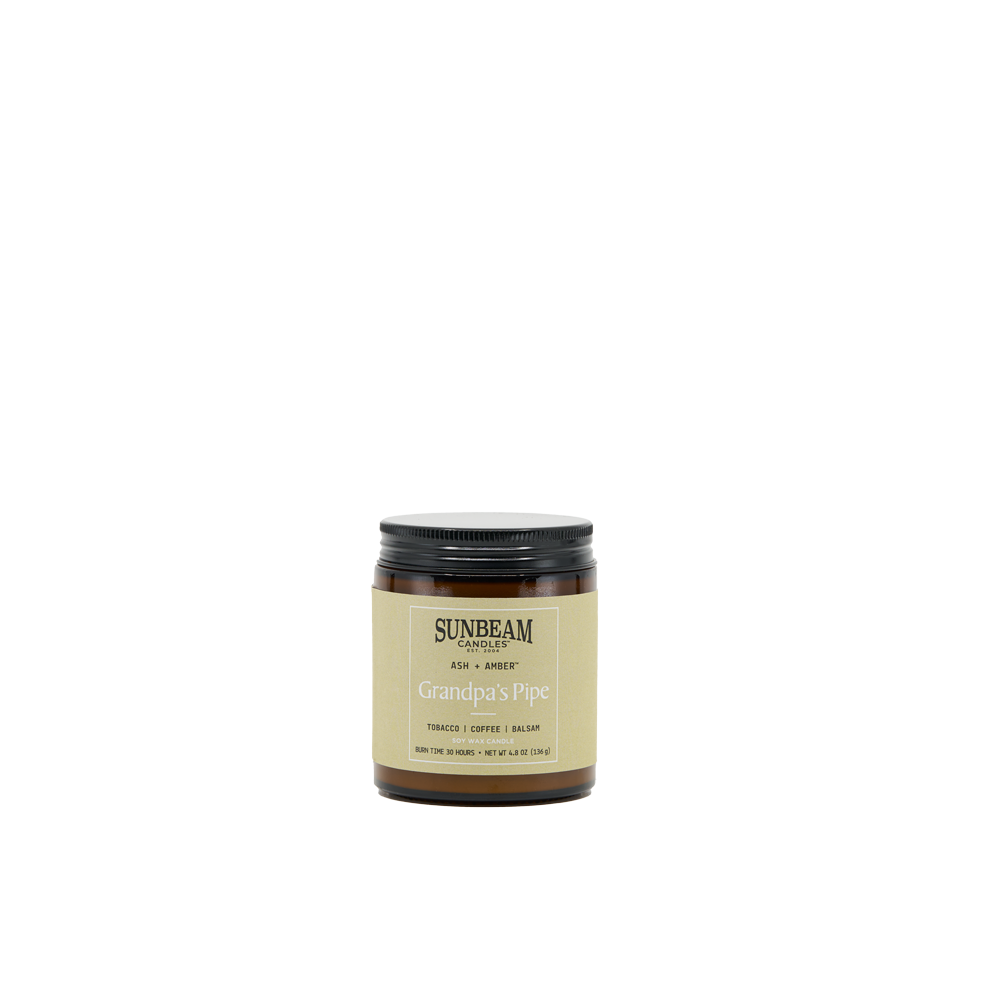 Sunbeam Candles Ash + Amber Grandpa's Pipe Soy Wax jar candle on a white background