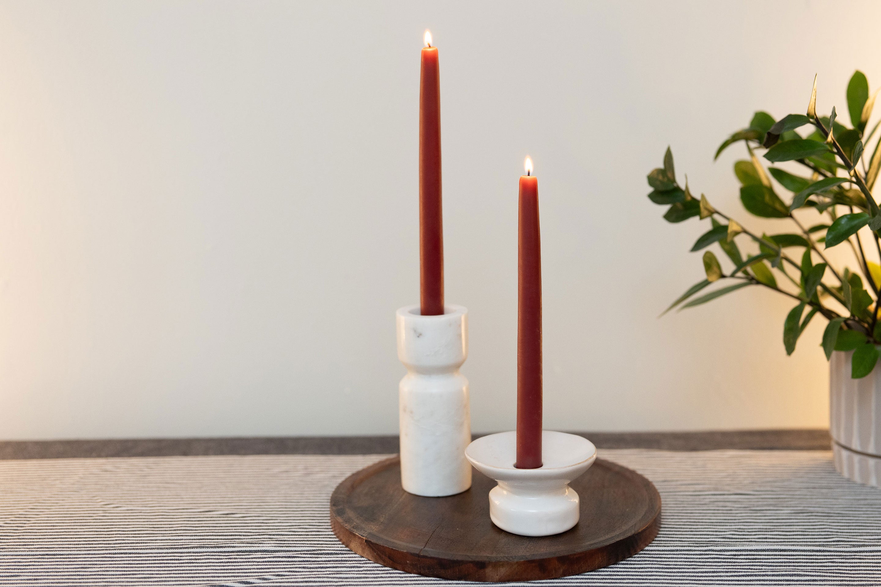 Two Sunbeam Candles 10" Dipped Beeswax Crimson Tapers lit in candle holders with a white wall behind them and a plant next to them.