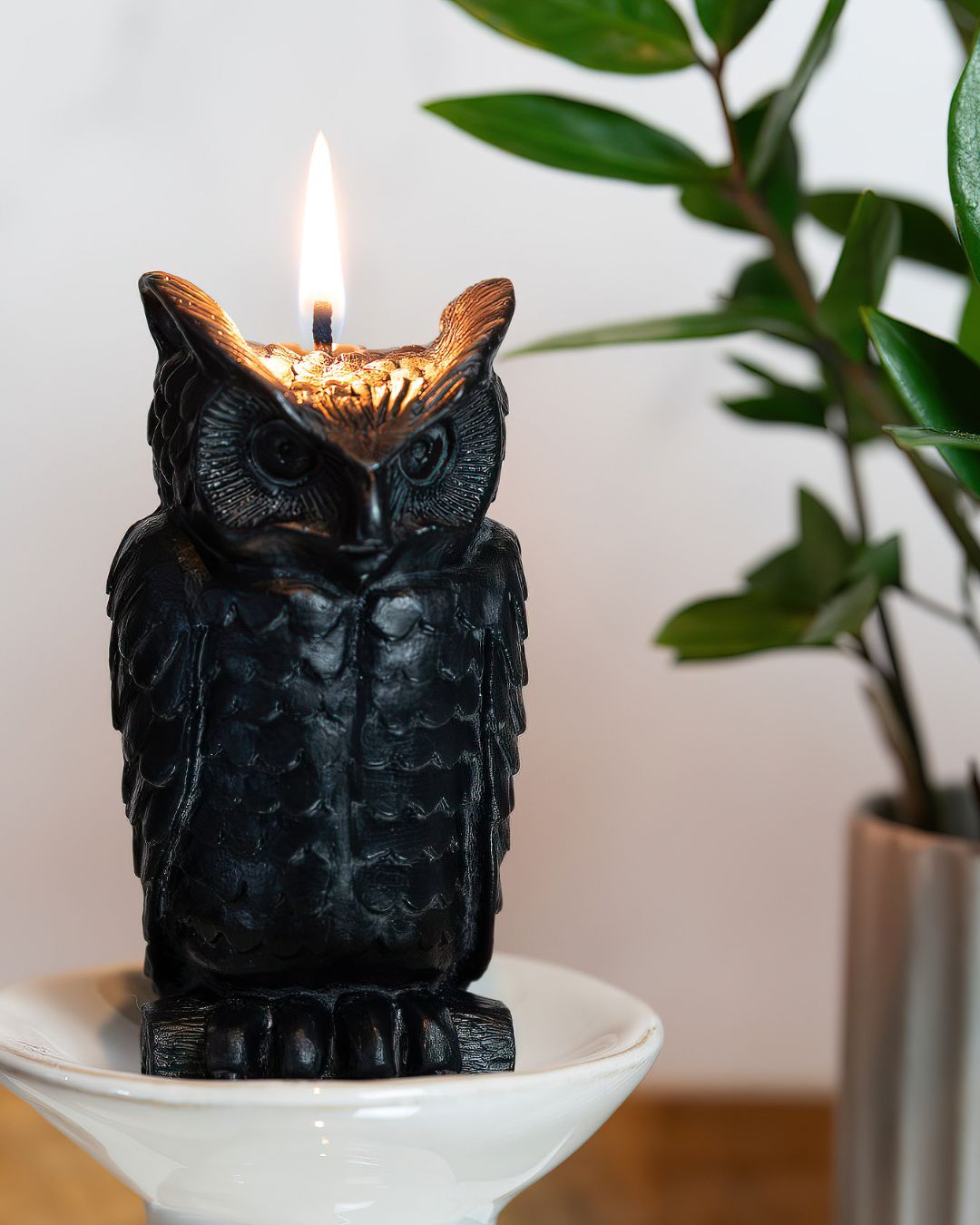 Black beeswax owl candle on white holder