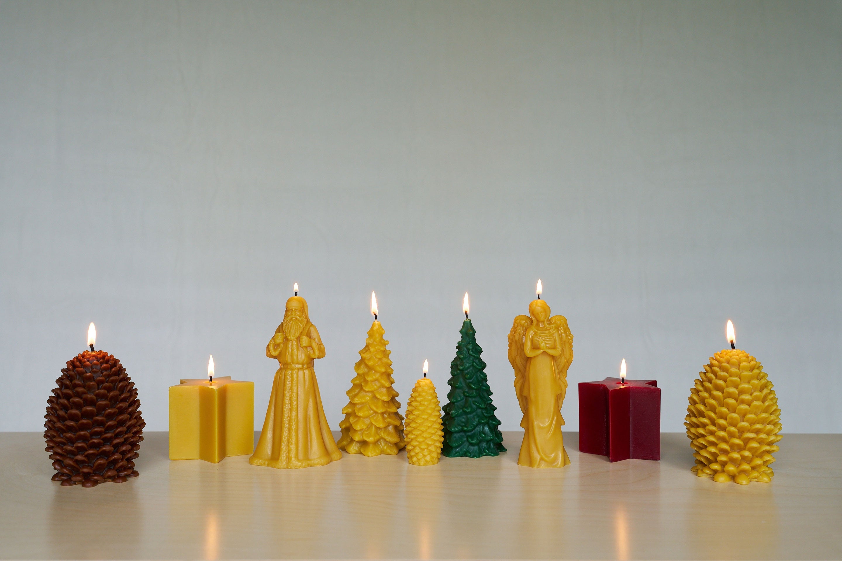 Sunbeam Candles assortment of pure beeswax Specialty Shapes that are popular for winter holidays