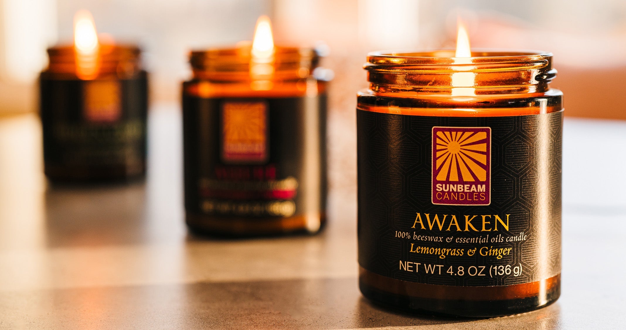 Natural-Handcrafted-non-toxic-Scented-essential-oils-aromatherapy-100%-Beeswax-Candle-emergency-highest-rated-long-burning-unique-trending-home-gifts-amber-glass-jar-container-awaken-lemongrass-ginger